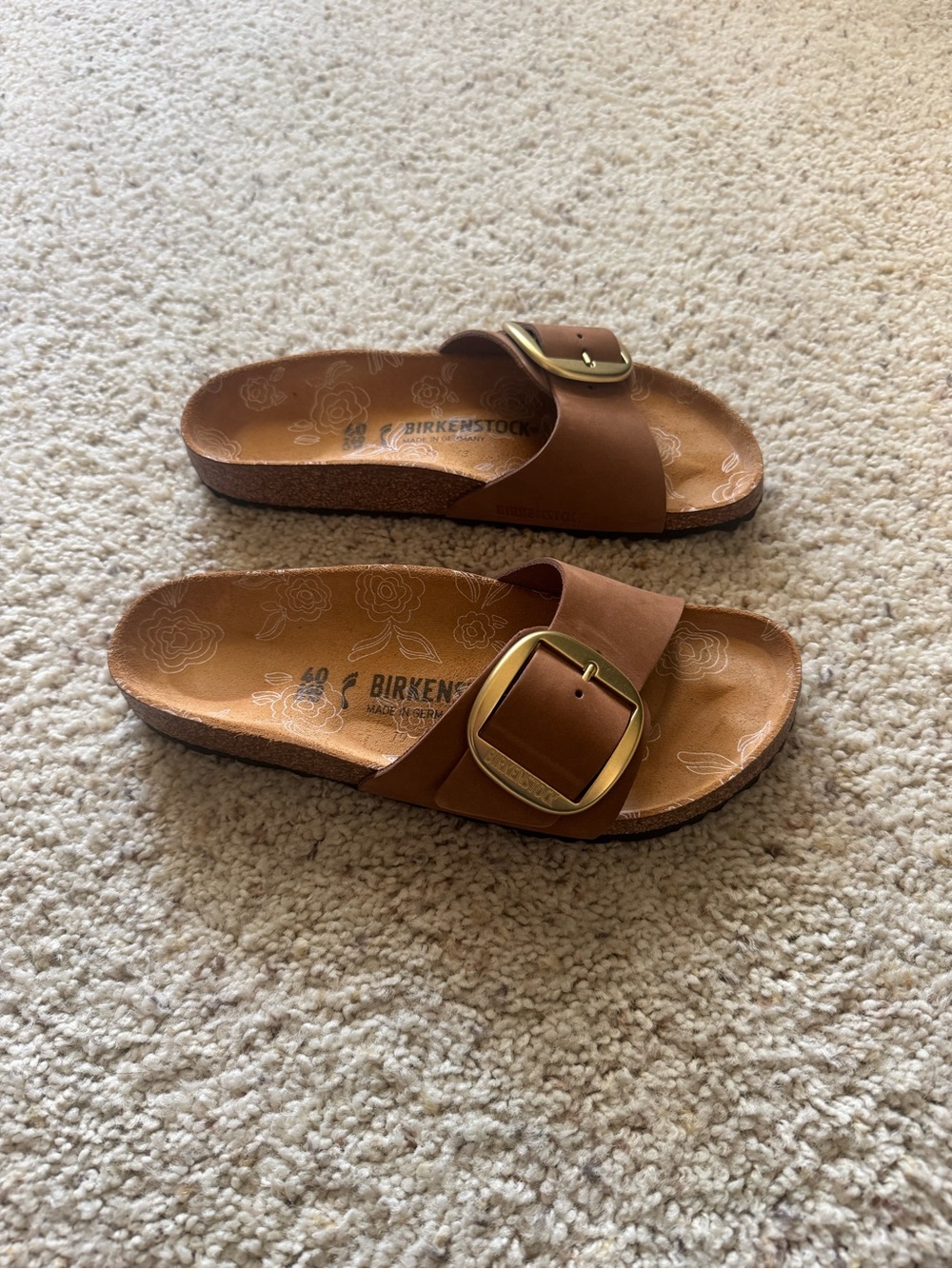 Birkenstock Women's Single Strap Slide Sandal in color Mink with Gold Buckle